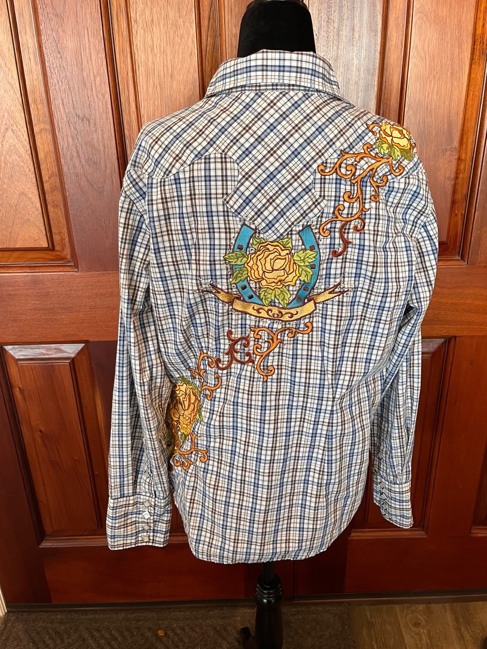 Panhandle Slim Women Plaid Western Shirt Floral Embroidered Pearl Snap Rhineston